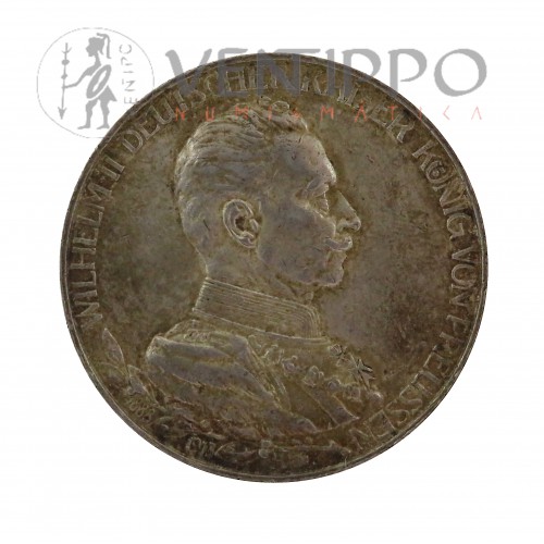 Prusia, 3 Mark Plata ( 16,71 gramos Ley 900 mls ) 1913 A, 25 Aniversario Reinado Wilhem II, EBC Pátina.