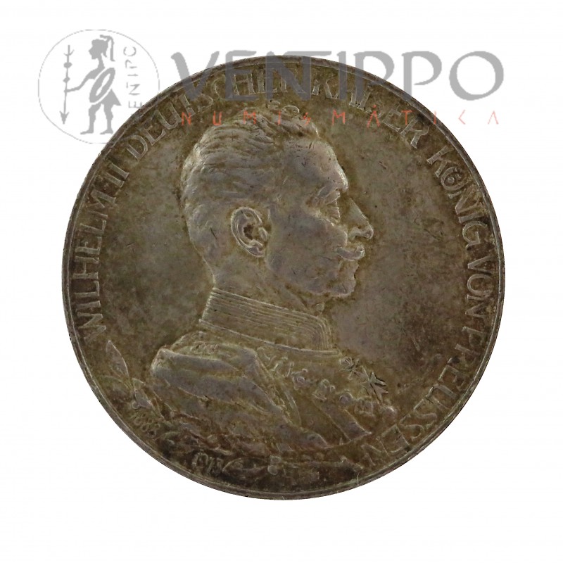 Prusia, 3 Mark Plata ( 16,71 gramos Ley 900 mls ) 1913 A, 25 Aniversario Reinado Wilhem II, EBC Pátina. Prusia, 3 Mark Plata ( 16,71 gramos Ley 900 mls ) 1913 A, 25 Aniversario Reinado Wilhem II, EBC Pátina.