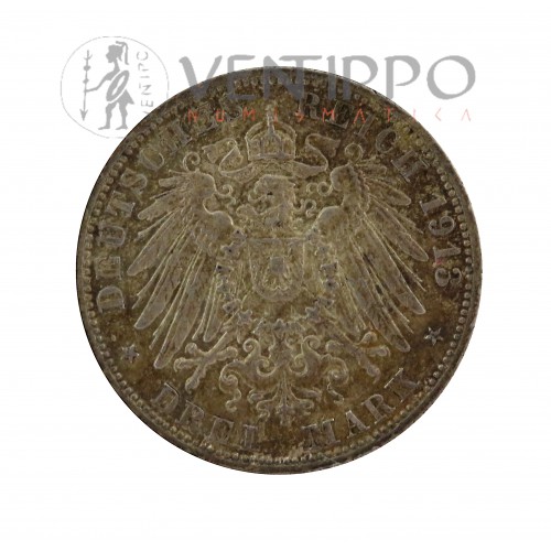 Prusia, 3 Mark Plata ( 16,71 gramos Ley 900 mls ) 1913 A, 25 Aniversario Reinado Wilhem II, EBC Pátina.