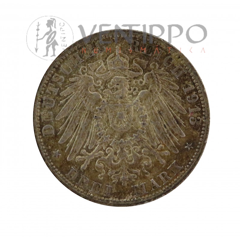 Prusia, 3 Mark Plata ( 16,71 gramos Ley 900 mls ) 1913 A, 25 Aniversario Reinado Wilhem II, EBC Pátina. Prusia, 3 Mark Plata ( 16,71 gramos Ley 900 mls ) 1913 A, 25 Aniversario Reinado Wilhem II, EBC Pátina.