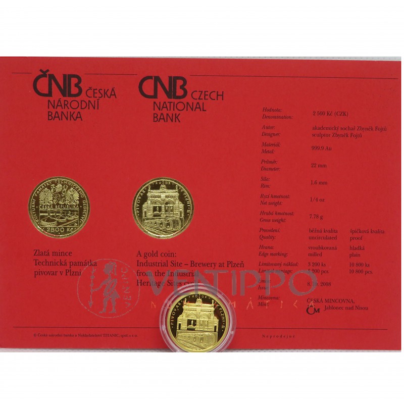 República Checa, 2500 Coronas Oro ( 7,78 grs, Ley 9999 mls ) 2008, Cervecería en Pilsen, Proof.