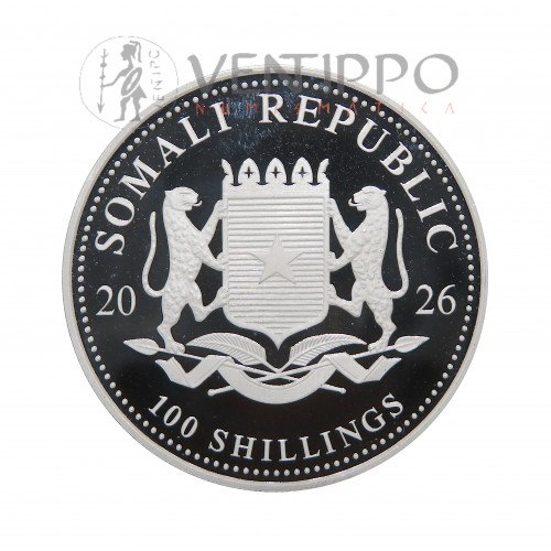 Somalia, 100 Shillings Plata ( 1 OZ ley 999 mls ) Elefantes 2026, BU