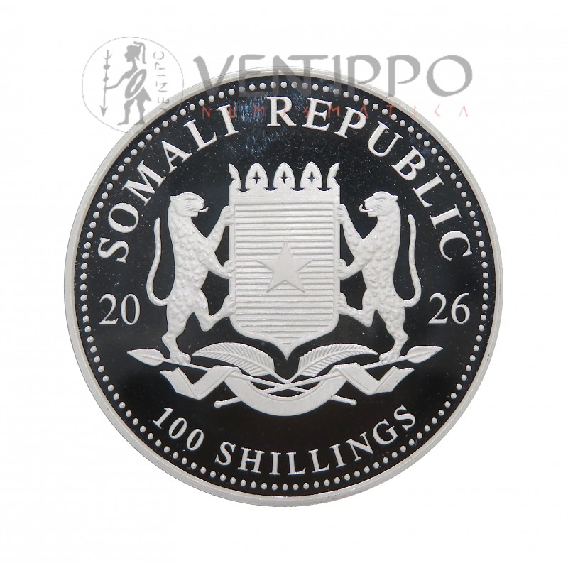 Somalia, 100 Shillings Plata ( 1 OZ ley 999 mls ) Elefantes 2026, BU