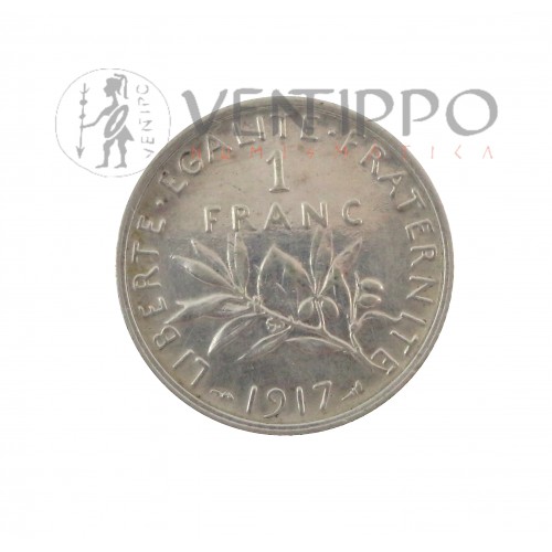 Francia, 1 Franc Plata ( 4,98 grs ley 835 mls ) Semeuse, 1917 EBC