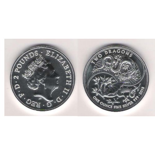 GRAN BRETAÑA, 2 POUNDS PLATA (1 OZ. 999 mls) DOS DRAGONES 2018 PROOFLIKE.