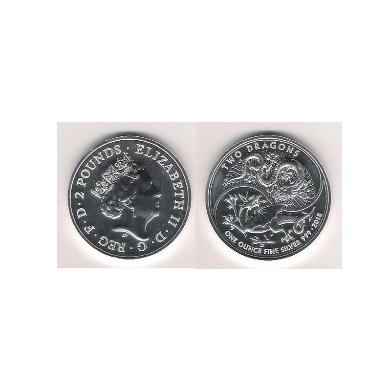 GRAN BRETAÑA, 2 POUNDS PLATA (1 OZ. 999 mls) DOS DRAGONES 2018 PROOFLIKE.