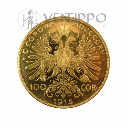 Imperio Austríaco, 100 Coronas Oro ( 33,88 grs ley 900 mls ) 1915 reacuñación oficial.