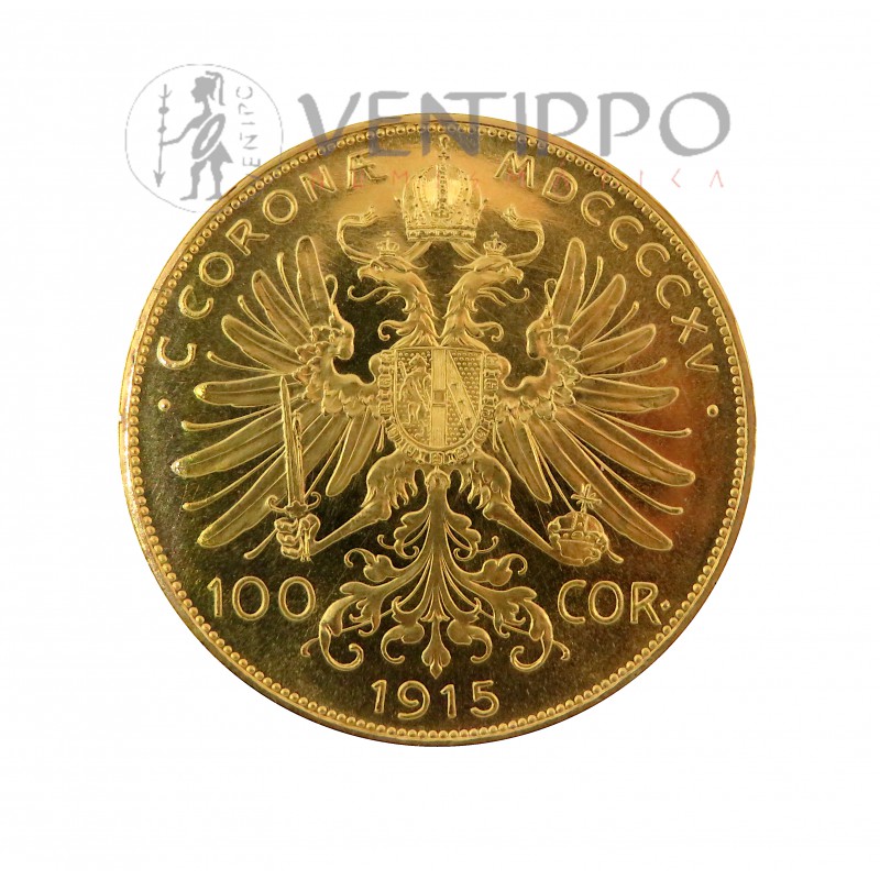 Imperio Austríaco, 100 Coronas Oro ( 33,88 grs ley 900 mls ) 1915 reacuñación oficial.