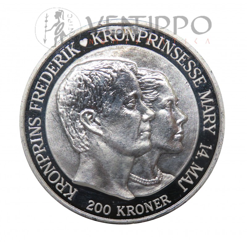 Dinamarca, 200 Kroner Plata ( 1 OZ  ley 999 mls ) Boda príncipe heredero Federico, 2004, BU