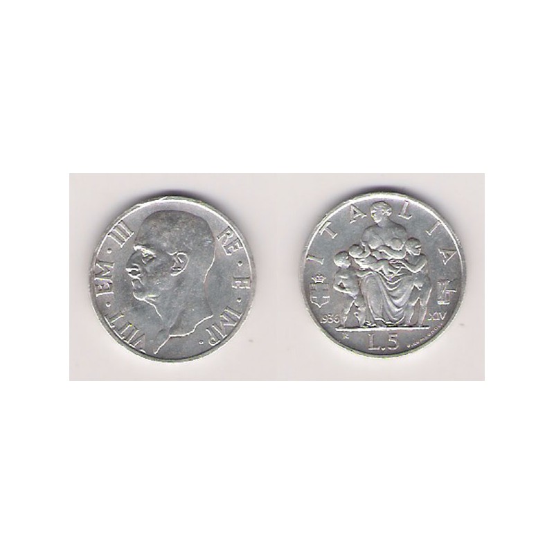 ITALIA, 5 LIRAS DE PLATA, 1936, MBC+, ESCASA