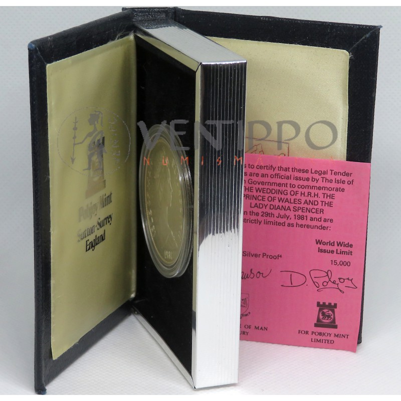 Isla de Man, 2 x Crown Plata, 1981, Boda Príncipes de Gales, estuche + certificado