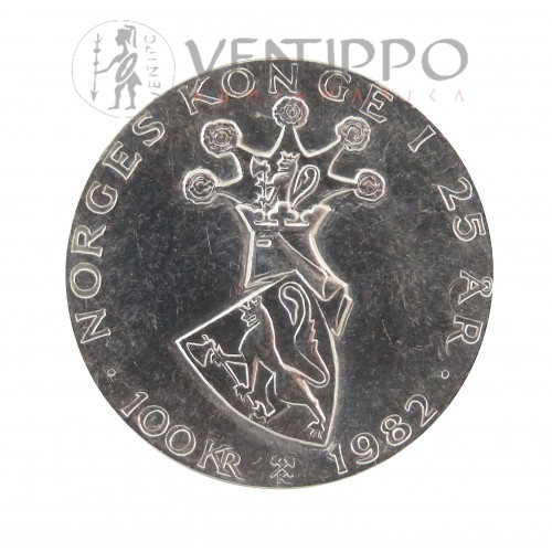 Noruega, 100 Kroner Plata, 25 Aniv. Reinado de Olav V, BU 1982.