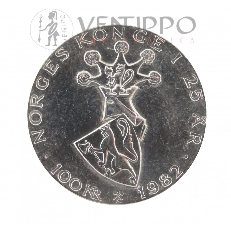 Noruega, 100 Kroner Plata, 25 Aniv. Reinado de Olav V, BU 1982.