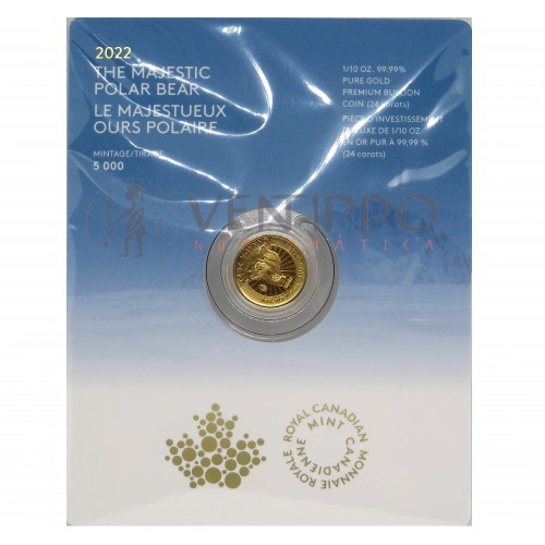 Canadá, 5 $ Oro ( 1/10 OZ Ley 9999 mls ) 2022 Oso Polar, Premiun BU, en blister.