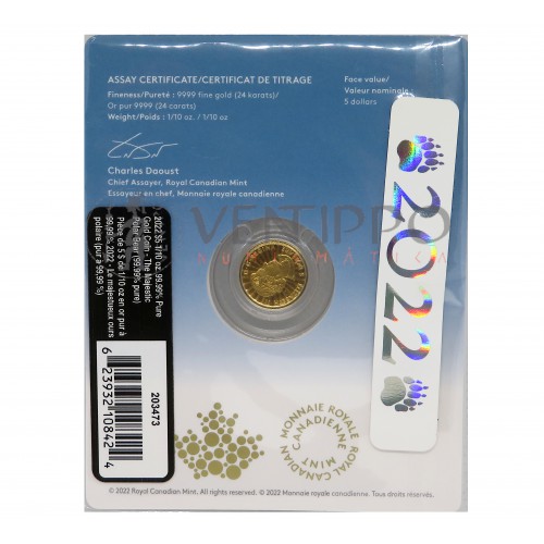 Canadá, 5 $ Oro ( 1/10 OZ Ley 9999 mls ) 2022 Oso Polar, Premiun BU, en blister.
