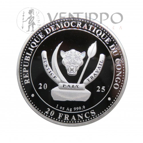 Congo, 20 Francs Plata ( 1 OZ ley 999 mls ) 2025, Velaciraptor, BU