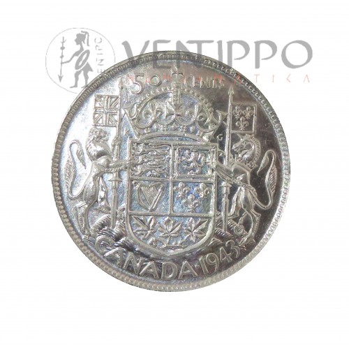 Canadá, 50 Cents Plata ( 11,66 grs, ley 800 mls ) 1945 Jorge VI, S/C