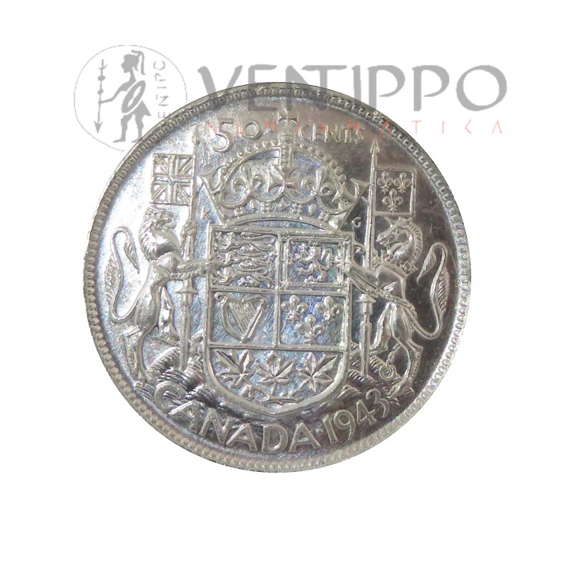 Canadá, 50 Cents Plata ( 11,66 grs, ley 800 mls ) 1945 Jorge VI, S/C