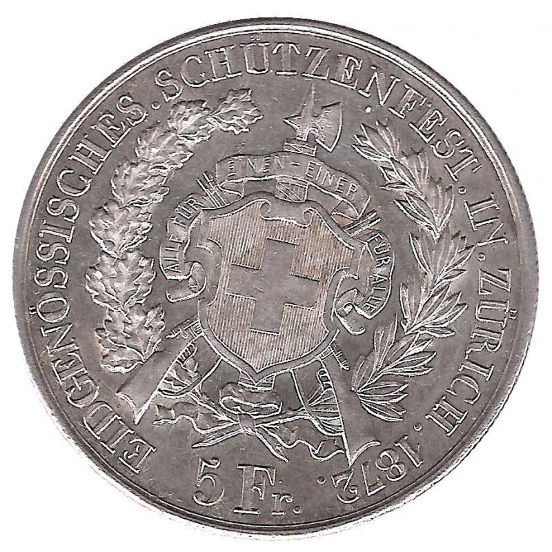 Suiza, 5 Francs Plata, Festival Tiro Zurich 1872, EBC-