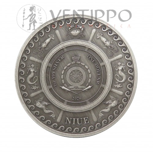 Niue, Dollar Plata ( 1 OZ ley 999 mls ) Kraken 2026 Antique Finish, Estuche + Certificado