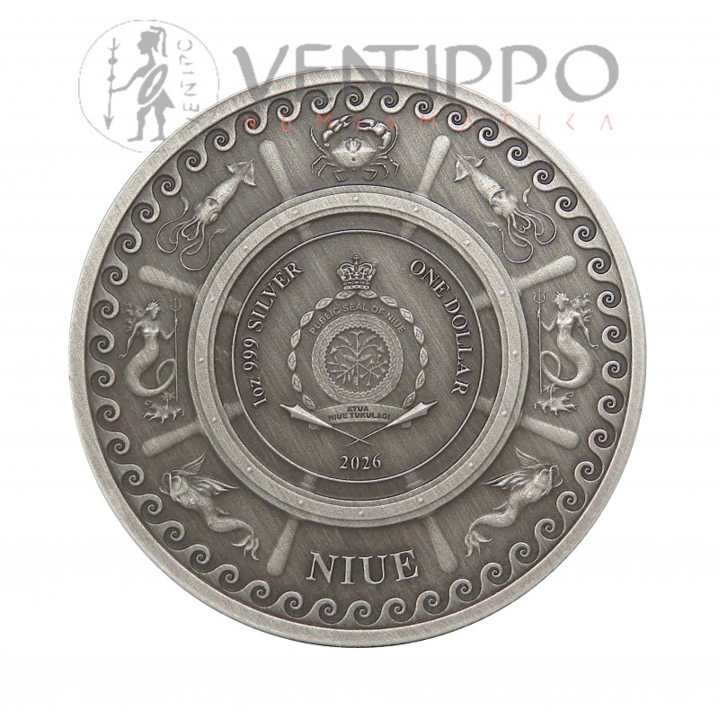 Niue, Dollar Plata ( 1 OZ ley 999 mls ) Kraken 2026 Antique Finish, Estuche + Certificado