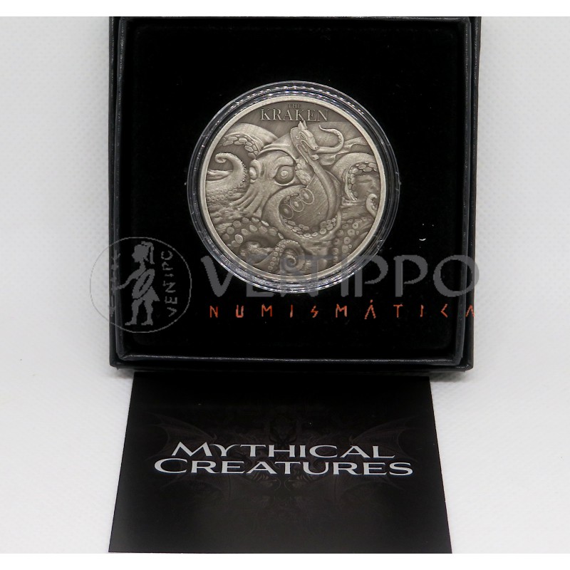 Niue, Dollar Plata ( 1 OZ ley 999 mls ) Kraken 2026 Antique Finish, Estuche + Certificado