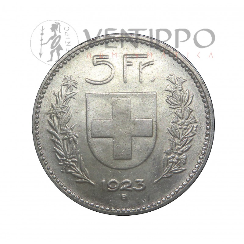 Suiza, 5 Francs Plata 1923 EBC, Escasa.