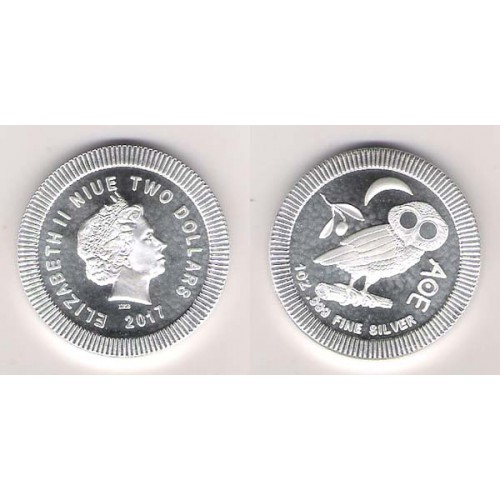 NIUE, 2 $ PLATA ( 1 OZ. 999 mls. ), LECHUZA ATENAS 2017 BU