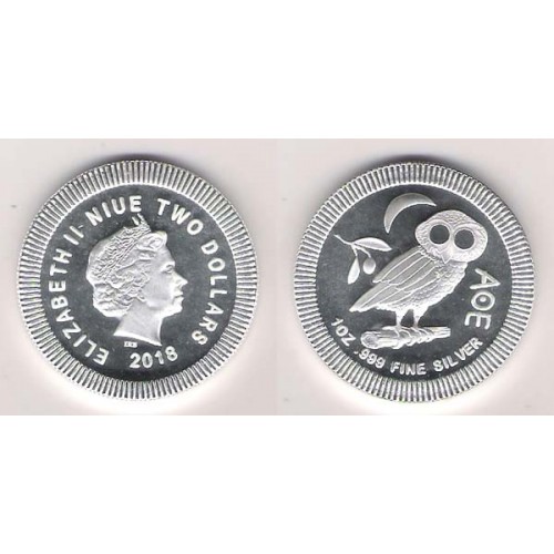 NIUE, 2 $ PLATA (1 OZ. 999 mls) LECHUZA ATENAS 2018 BU