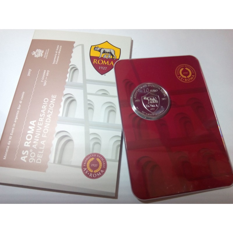 SAN MARINO, 10 € PLATA, 2017, 90 ANIVERSARIO AS ROMA, BLISTER FDC