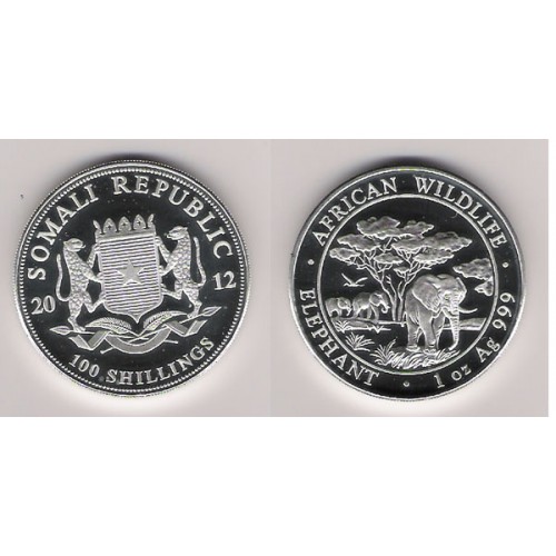 SOMALIA, 100 SHILLINGS PLATA ( 1 OZ. 999 mls. ), ELEFANTE 2012,  BU