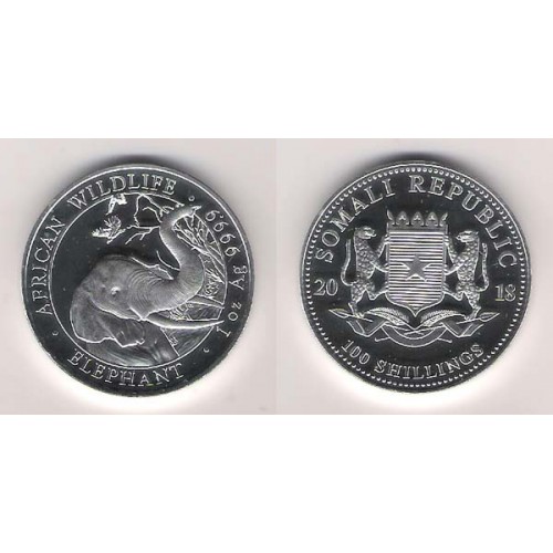 SOMALIA, 100 SHILLINGS PLATA ( 1 OZ. 999 mls. ), ELEFANTES 2018, BU