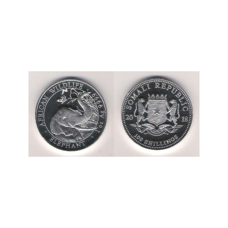 SOMALIA, 100 SHILLINGS PLATA ( 1 OZ. 999 mls. ), ELEFANTES 2018, BU