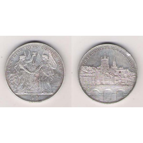 SUIZA, 5 FRANCS PLATA, 1876, FESTIVAL LAUSSANE EBC-