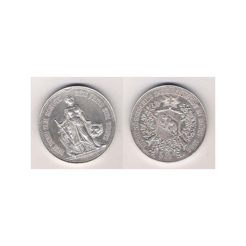 SUIZA, 5 FRANCS PLATA, 1885, FESTIVAL DE BERNA MBC+/EBC-
