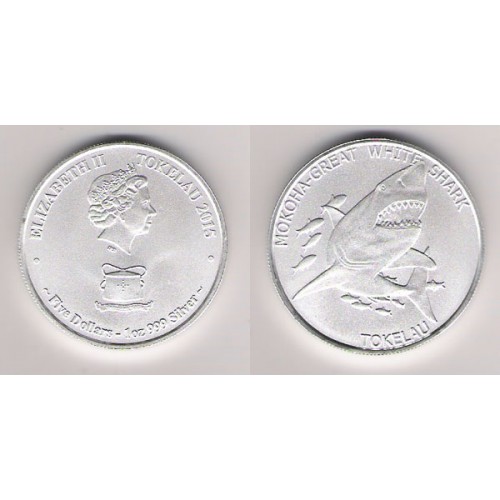 TOKELAU, 5 $NZ PLATA ( 1 OZ. 999 mls), GRAN TIBURÓN BLANCO, 2015