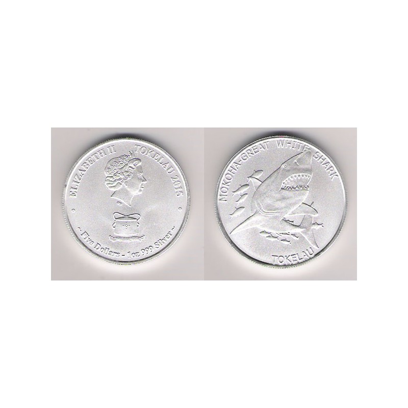 TOKELAU, 5 $NZ PLATA ( 1 OZ. 999 mls), GRAN TIBURÓN BLANCO, 2015