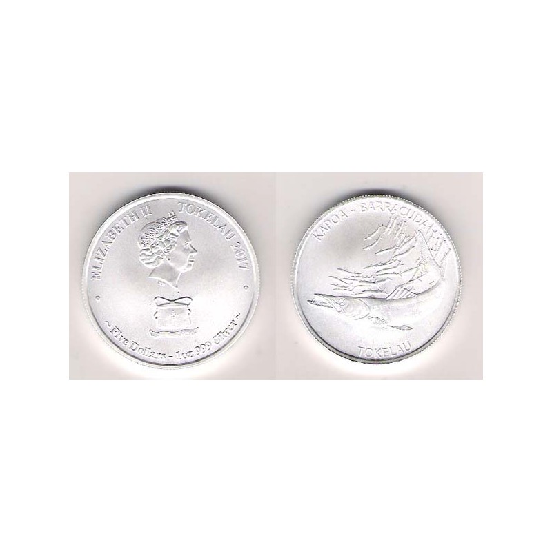 TOKELAU, 5 $NZ PLATA (1 OZ. 999 mls) BARRACUDA 2017