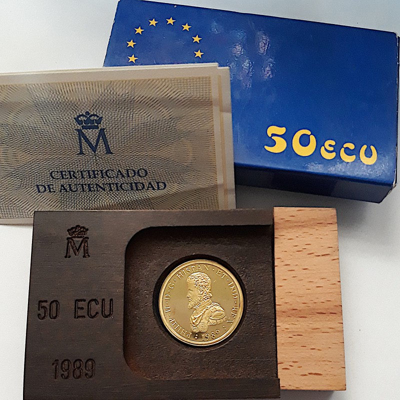 ESPAÑA, 50 ECU ORO (17,27 grs ley 900 mls) 1989 FELIPE II FDC