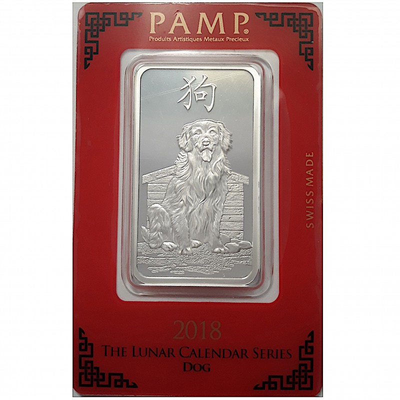 LINGOTE 1 OZ. PLATA 999 MLS PAMP SUISSE 2018 AÑO DEL PERRO