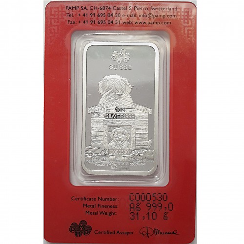 LINGOTE 1 OZ. PLATA 999 MLS PAMP SUISSE 2018 AÑO DEL PERRO