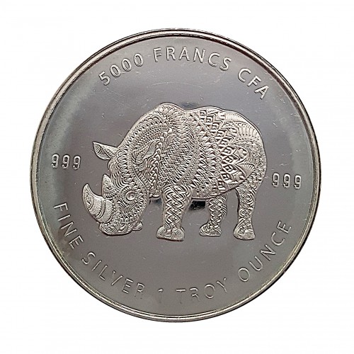 Tchad, 5000 Francs ( 1 OZ. 999 mls. ) Serie mandala, Rinoceronte 2018.
