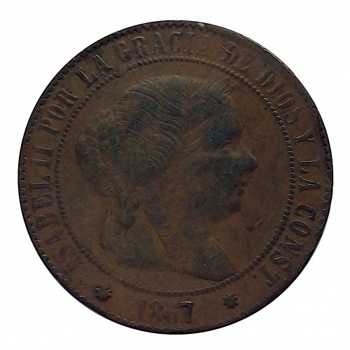 Isabel II,5 Cents Escudo, 1867 Barcelona OM, MBC+