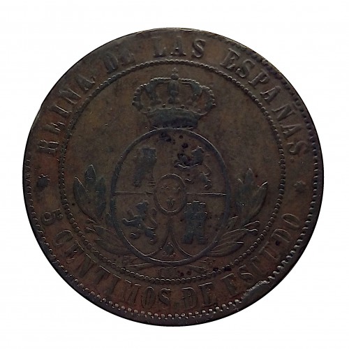 Isabel II,5 Cents Escudo, 1867 Barcelona OM, MBC+