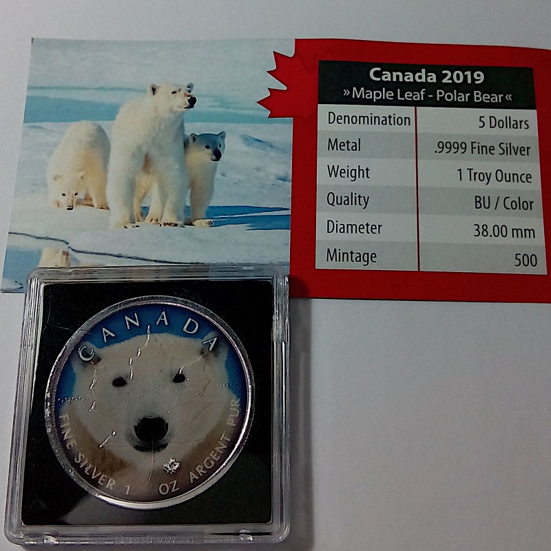 Canadá, 5 $ Plata ( 1 OZ. 9999 mls. ) Canada's Wildlife Coloreada, Oso.