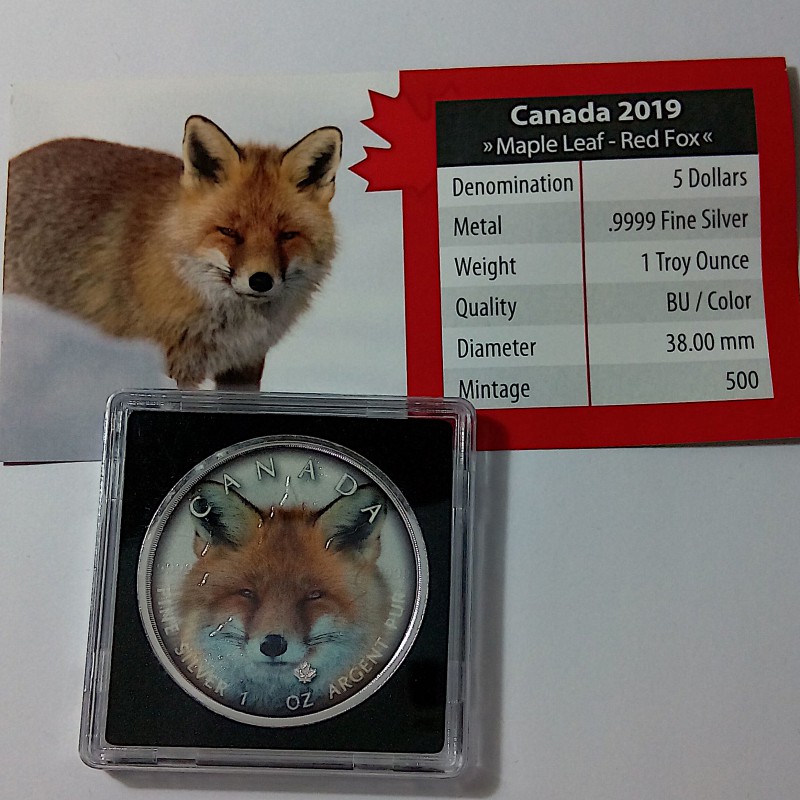 Canadá, 5 $ Plata ( 1 OZ. 9999 mls. ) Canada's Wildlife coloreada, Zorro rojo.