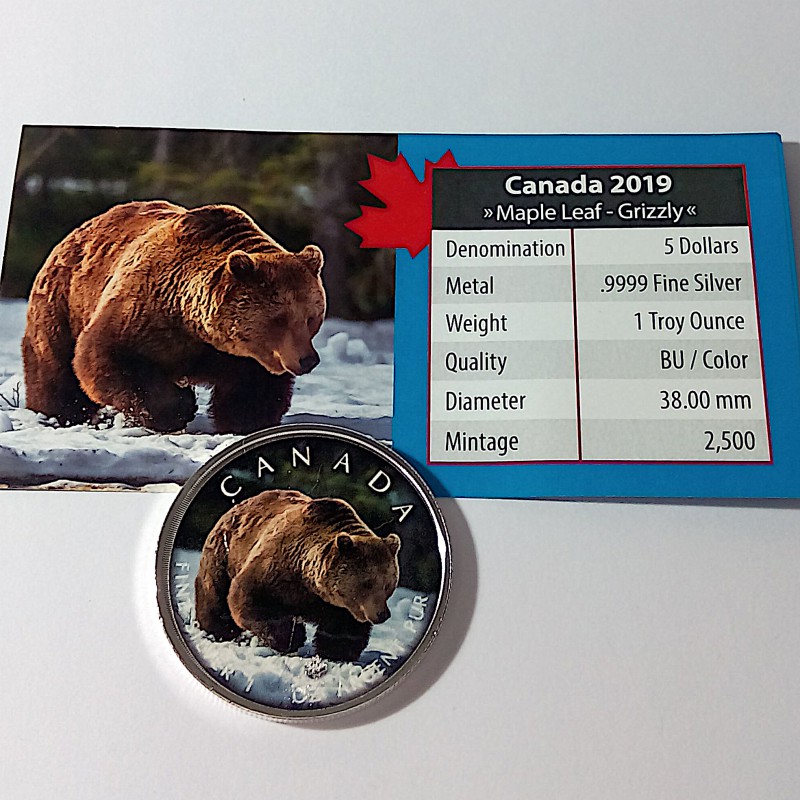 Canadá, 5 $ Plata ( 1 OZ. 9999 mls. ) Maple "On The Trails of Widlife": Grizzly