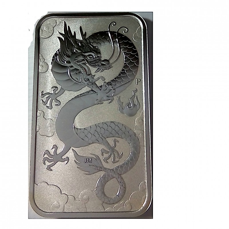 Australia, 1 $ Plata ( 1 OZ. 999 mls. ) Dragón Oriental 2019, rectangular.