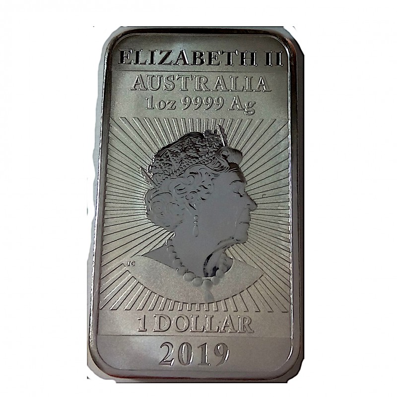 Australia, 1 $ Plata ( 1 OZ. 999 mls. ) Dragón Oriental 2019, rectangular.