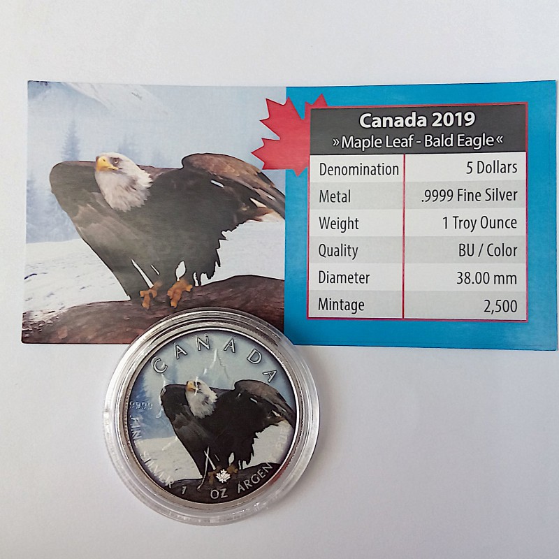 Canadá, 5 $ Plata ( 1 OZL 999 mls. ) Maple " On the Trails of Wildlife", Bald Eagle.